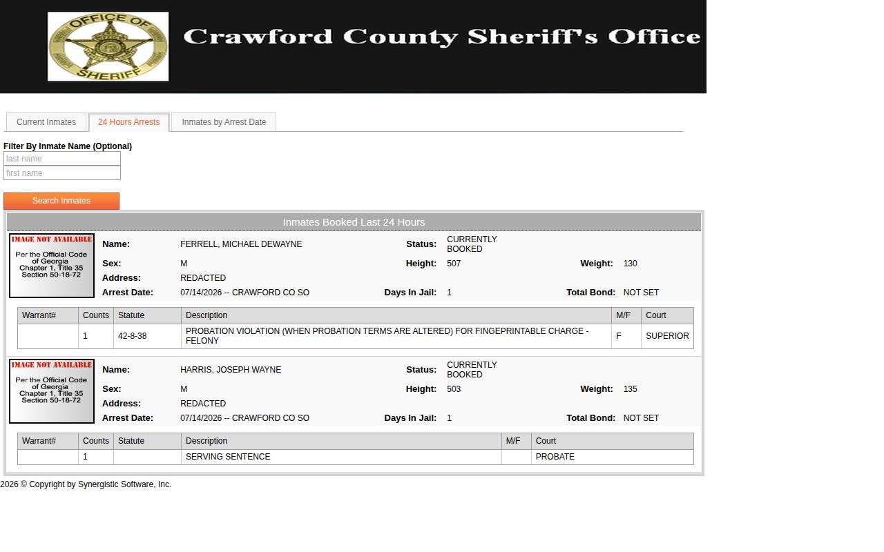 Crawford County 24-hour booking report rather than a release list