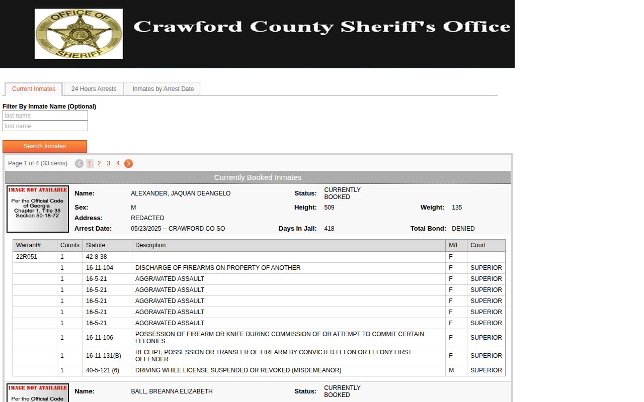Crawford County current jail roster used to check released inmate status