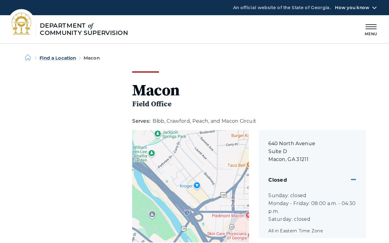 Crawford County parole and probation Macon DCS office listing
